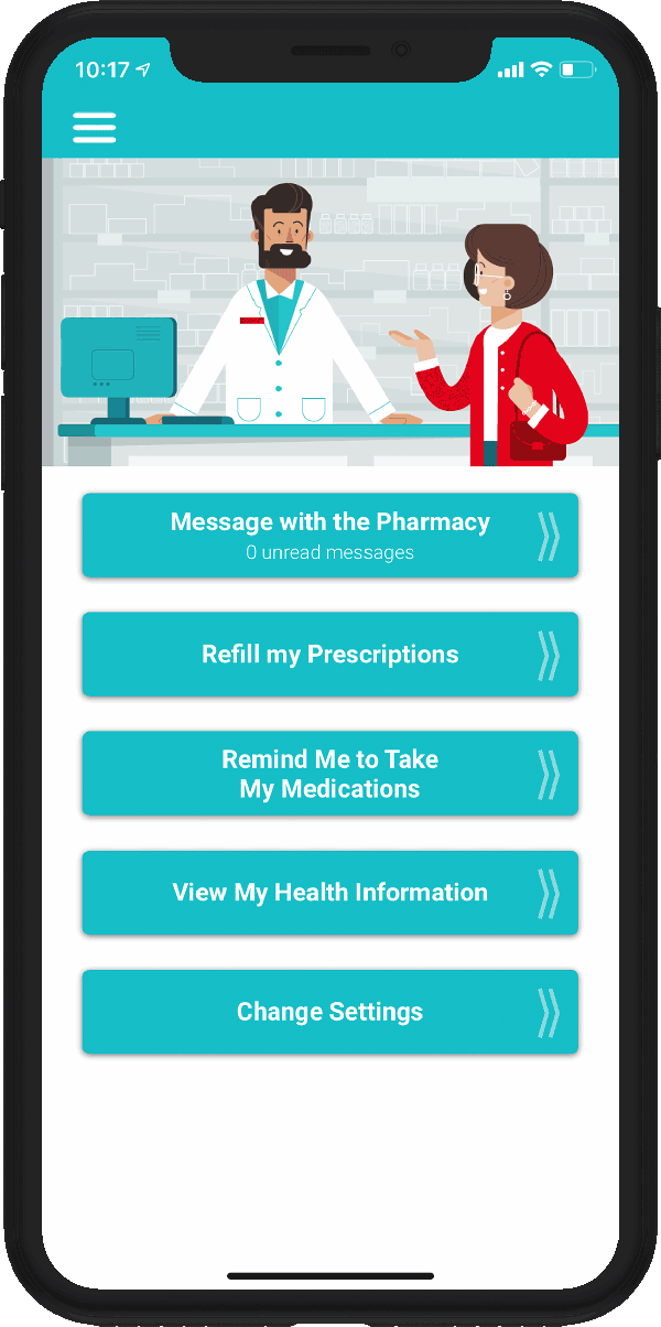 Phone with the display showing the mobile app called RxLocal that users can download to connect with the pharmacy